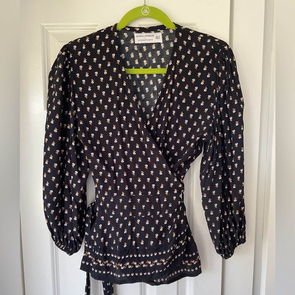 Faithful The Brand X Anthropologie Yvette Black Floral Wrap Top NWOT